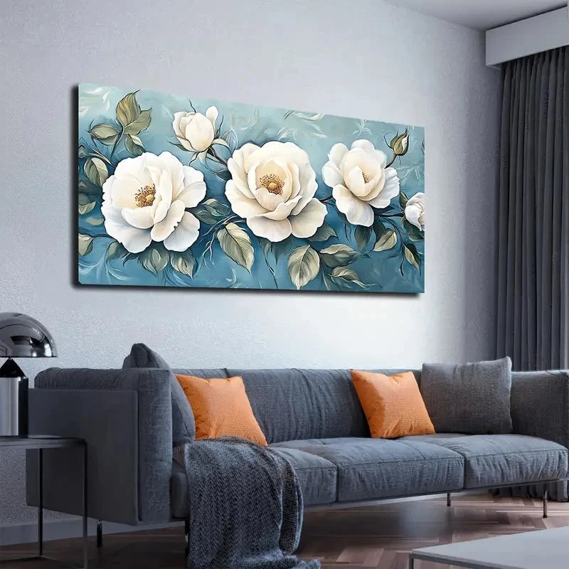 White Peonies & Blue Modern Wall Art canvas office home room framed 120x60cm