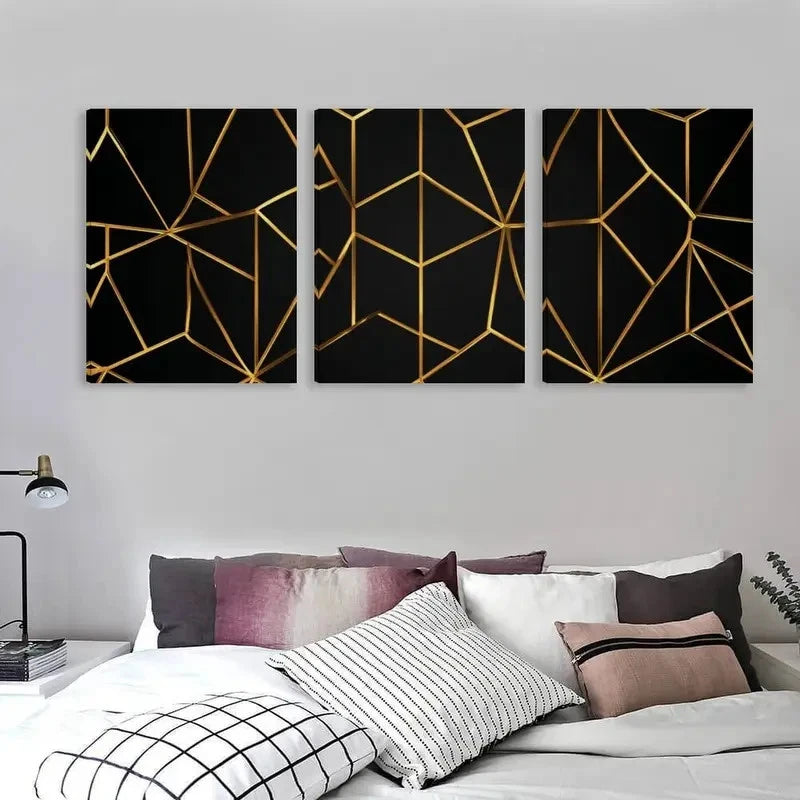3pcs Vector Illustration of a Golden Geometric  Wall Art Set Canvas Framed 40x60cm - High Quality Print 100% Australian Made Wall Canvas Ready to Hang - Bella Home Decor