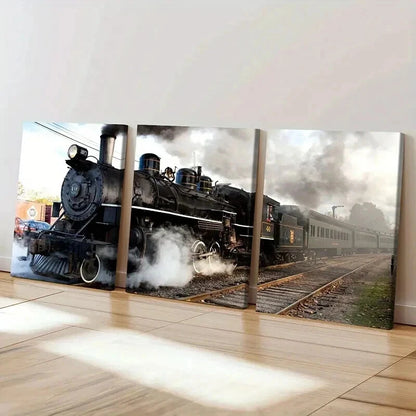 3pcs Retro Vintage Steam Train Vehicle Wall Art Set Canvas Framed 60x90cm - High Quality Print 100% Australian Made Wall Canvas Ready to Hang - Bella Home Decor