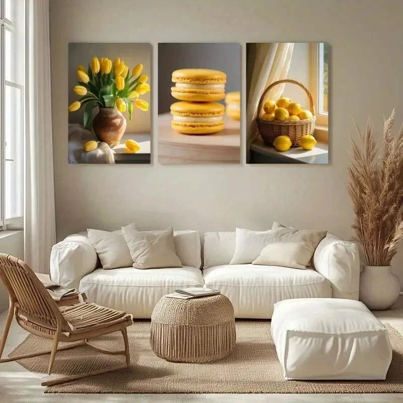 3pcs Yellow Tulips, Lemon Macaronst Wall Art Set Canvas Framed 40x60cm - High Quality Print 100% Australian Made Wall Canvas Ready to Hang - Bella Home Decor