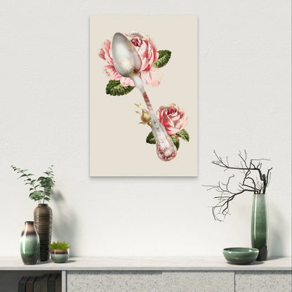 Vintage Silver Spoon and Pink Roses Kitchen 40x60cm Metal Print Ready to Hang