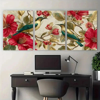 3pcs Elegant Golden Bird Print Floral Perfect Wall Art Set Canvas Framed 50x70cm - High Quality Print 100% Australian Made Wall Canvas Ready to Hang