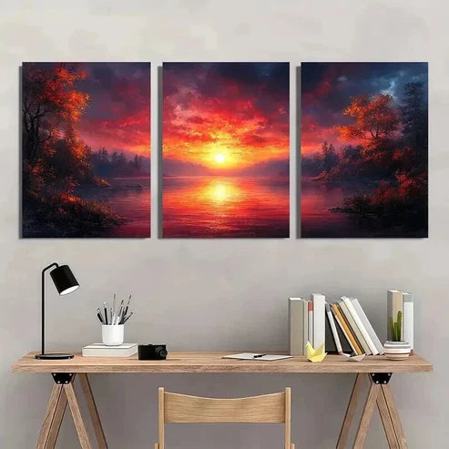 3pcs Serene Lake Sunset & Forest Scenery Wall Art Canvas Unframed - High Quality Print 100% Australian Made Wall Canvas