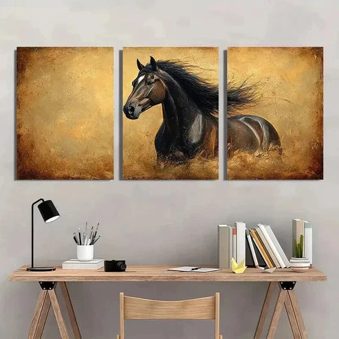 3pcs Vintage Majestic Brown Horse Painting Wall Art Canvas Unframed - High Quality Print 100% Australian Made Wall Canvas