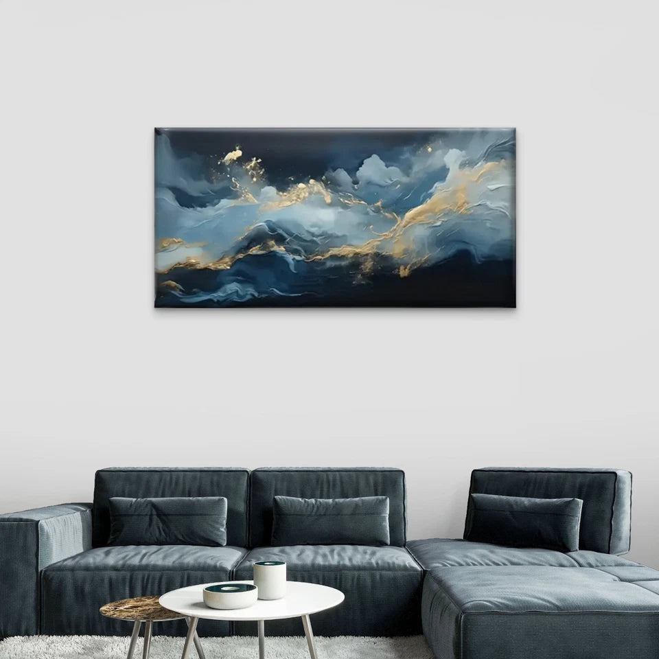 Blue And Golden Abstract Wall Art Canvas Office Home Room Framed 120x60cm