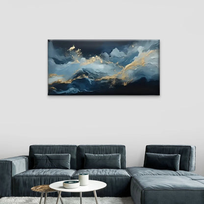 Blue And Golden Abstract Wall Art Canvas Office Home Room Framed 120x60cm