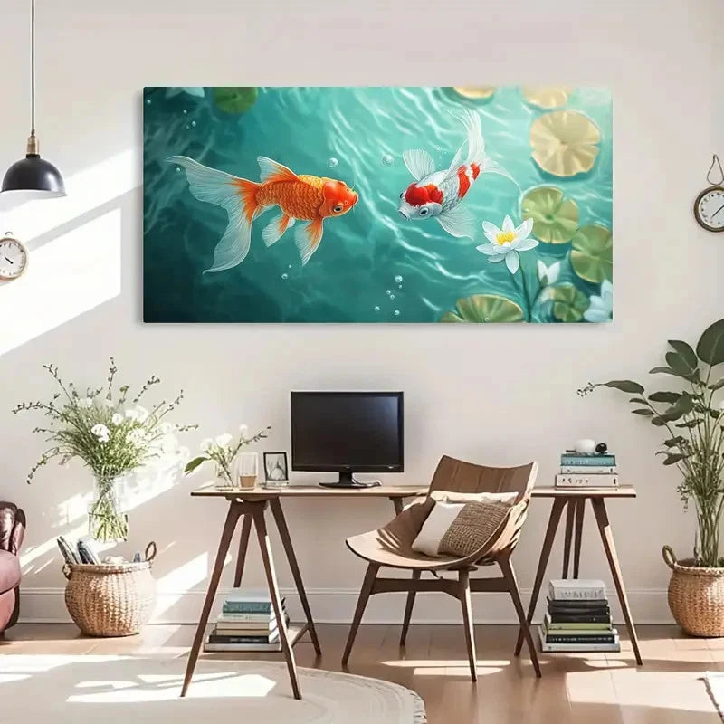 Serene Goldfish & Lotus Leaf Wall Art Canvas Office Home Room Framed 120x60cm
