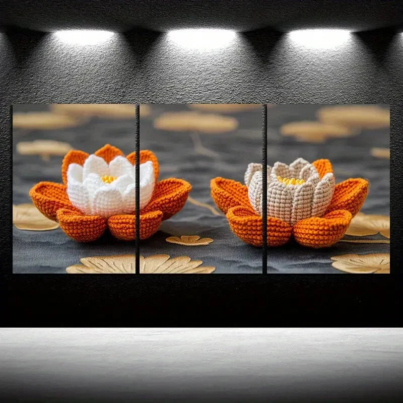 3pcs Water Lily Trio Golden White Metal Print Ready to Hang Art - Bella Home Decor