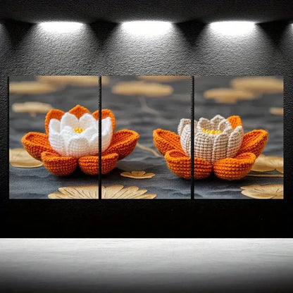 3pcs Water Lily Trio Golden White Metal Print Ready to Hang Art - Bella Home Decor