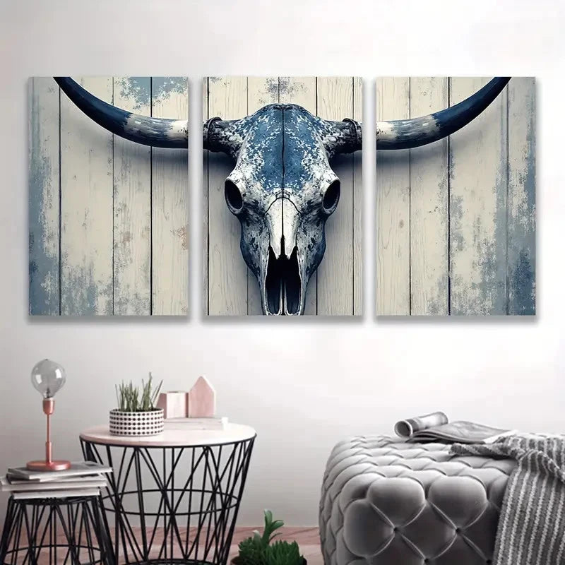 3pcs Bull Skulls with Horns Art Deco Style   Wall Art Set Canvas Framed 50x70cm - High Quality Print 100% Australian Made Wall Canvas Ready to Hang - Bella Home Decor