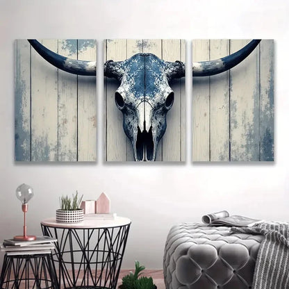 3pcs Bull Skulls with Horns Art Deco Style   Wall Art Set Canvas Framed 50x70cm - High Quality Print 100% Australian Made Wall Canvas Ready to Hang - Bella Home Decor