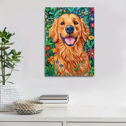 Golden Retriever with Vibrant Floral Painting 40x60cm Metal Print Ready to Hang