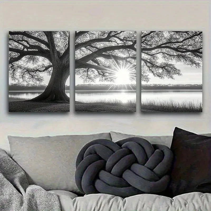 3pcs Sunrise Oak Tree Silhouette Wall Art Set Canvas Framed 60x90cm - High Quality Print 100% Australian Made Wall Canvas Ready to Hang