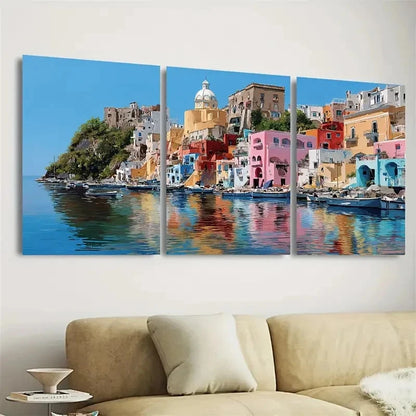 3pcs Italian Mediterranean Sea Houses Wall Art Set Canvas Framed 40x60cm - High Quality Print 100% Australian Made Wall Canvas Ready to Hang