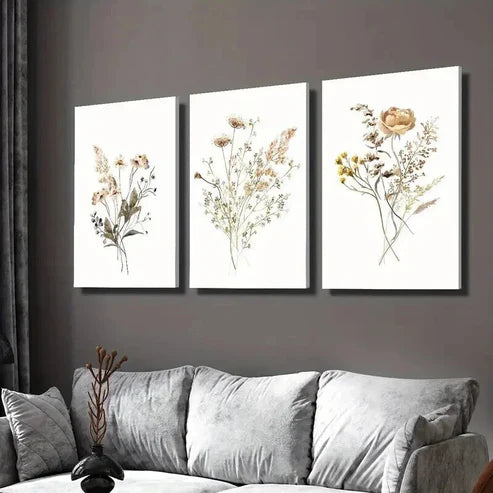 3pcs Rustic Wildflower in Golden & Black Wall Art Set Canvas Unframed - High Quality Print 100% Australian Made Wall Canvas