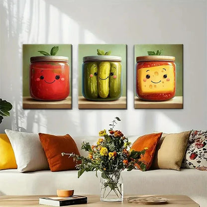 3pcs Cute Food Jar Playful Bright Perfect Wall Art Set Canvas Unframed - High Quality Print 100% Australian Made Wall Canvas - Bella Home Decor