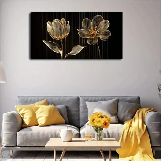 Modern Minimalist Golden Floral Wall Art Canvas Office Home Room Framed 120x60cm
