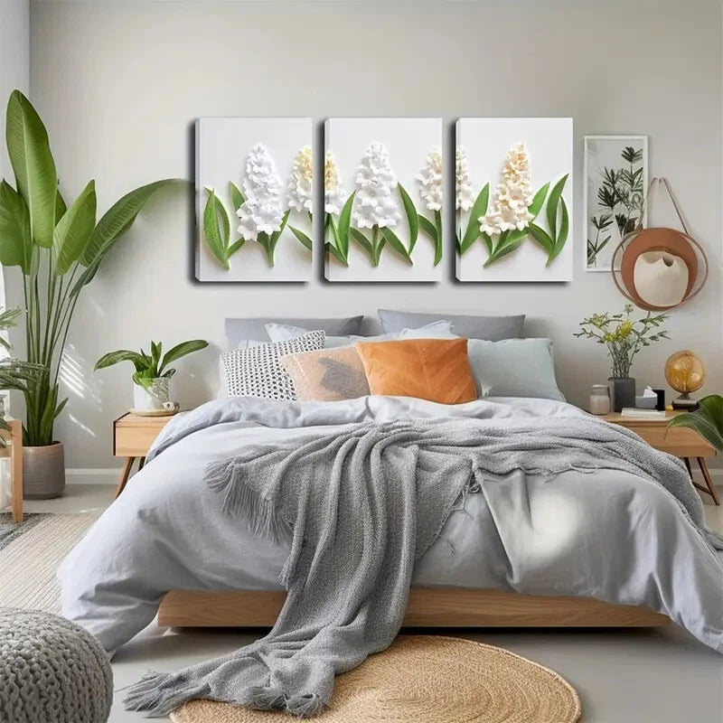 3pcs Hyacinth Floral Botanical White Perfect Wall Art Set Canvas Framed 40x60cm - High Quality Print 100% Australian Made Wall Canvas Ready to Hang - Bella Home Decor