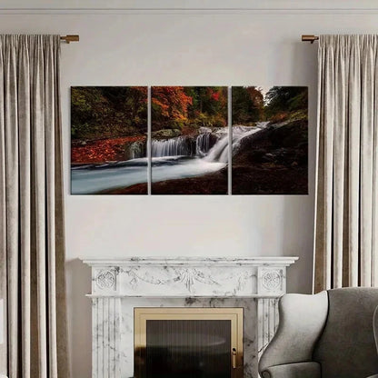 3pcs Forest Stream Waterfall & Red Floral Wall Art Set Canvas Framed 50x70cm - High Quality Print 100% Australian Made Wall Canvas Ready to Hang - Bella Home Decor