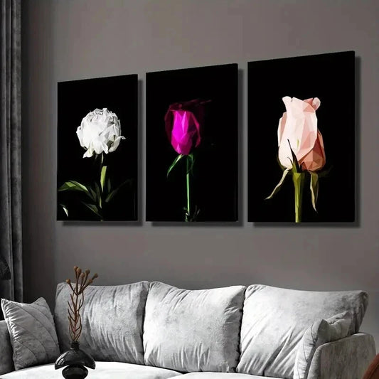 3pcs White Rose Purple Rose Pink Rose Botanical Wall Art Set Canvas Framed 50x70cm - High Quality Print 100% Australian Made Wall Canvas Ready to Hang