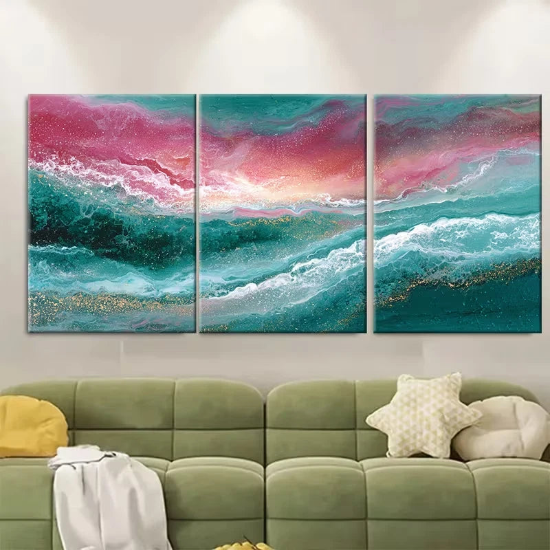 3pcs Abstract Painting, Green Ocean & Pink Clouds Metal Print Ready to Hang Art - Bella Home Decor