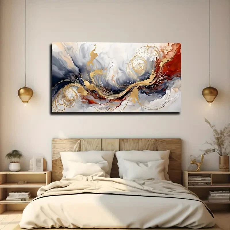 Vibrant Golden & Red Swirling Wall Art canvas office home room framed 120x60cm - Bella Home Decor