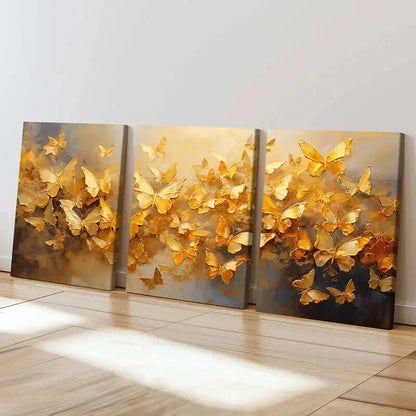 3pcs Abstract Art Gold Foil Butterfly Wall Art Set Canvas Framed 60x90cm - High Quality Print 100% Australian Made Wall Canvas Ready to Hang - Bella Home Decor