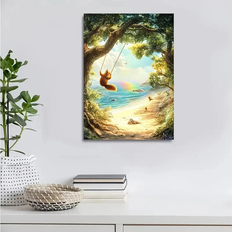 Whimsical Squirrel Swing Scene with Rainbow Painting 40x60cm Metal Print Ready to Hang - Bella Home Decor