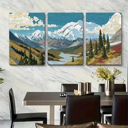 3pcs Illustrated Mountain Landscape Perfect Wall Art Set Canvas Framed 50x70cm - High Quality Print 100% Australian Made Wall Canvas Ready to Hang