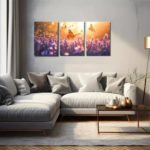 3pcs Lavender with Flying Butterflies Wall Art Canvas Unframed - High Quality Print 100% Australian Made Wall Canvas