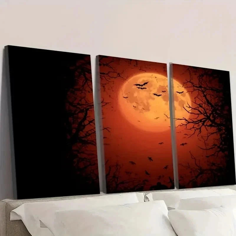 3pcs Simulation Halloween Moon Backdrop Wall Art Set Canvas Framed 50x70cm - High Quality Print 100% Australian Made Wall Canvas Ready to Hang