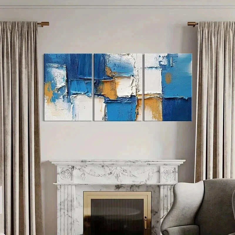 3pcs Abstract Blue Textured Geometric Wall Art Set Canvas Framed 40x60cm - High Quality Print 100% Australian Made Wall Canvas Ready to Hang - Bella Home Decor