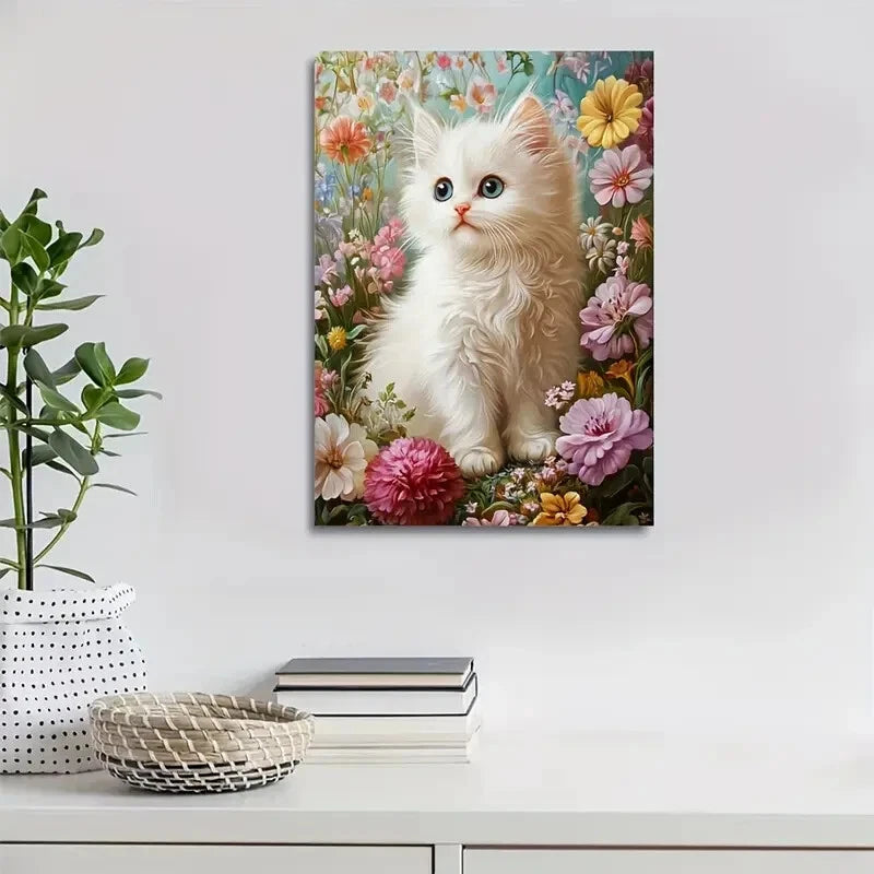 Adorable Persian Kitten with Vibrant Flowers Painting 40x60cm Metal Print Ready to Hang - Bella Home Decor