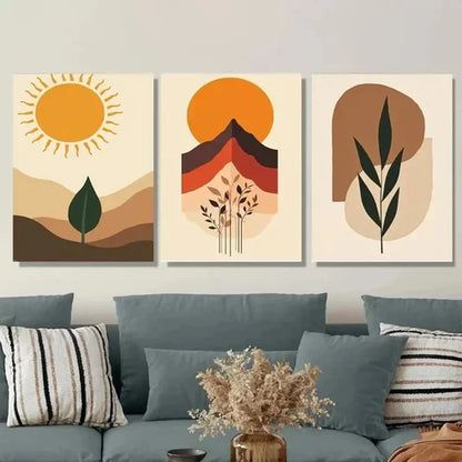 3pcs Modern Abstract Boho Sun, Mountains Wall Art Set Canvas Unframed - High Quality Print 100% Australian Made Wall Canvas