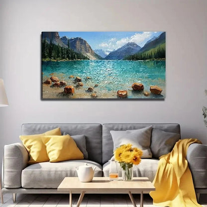 Lake Pine Trees Mountains Wall Art Canvas Office Home Room Framed 120x60cm