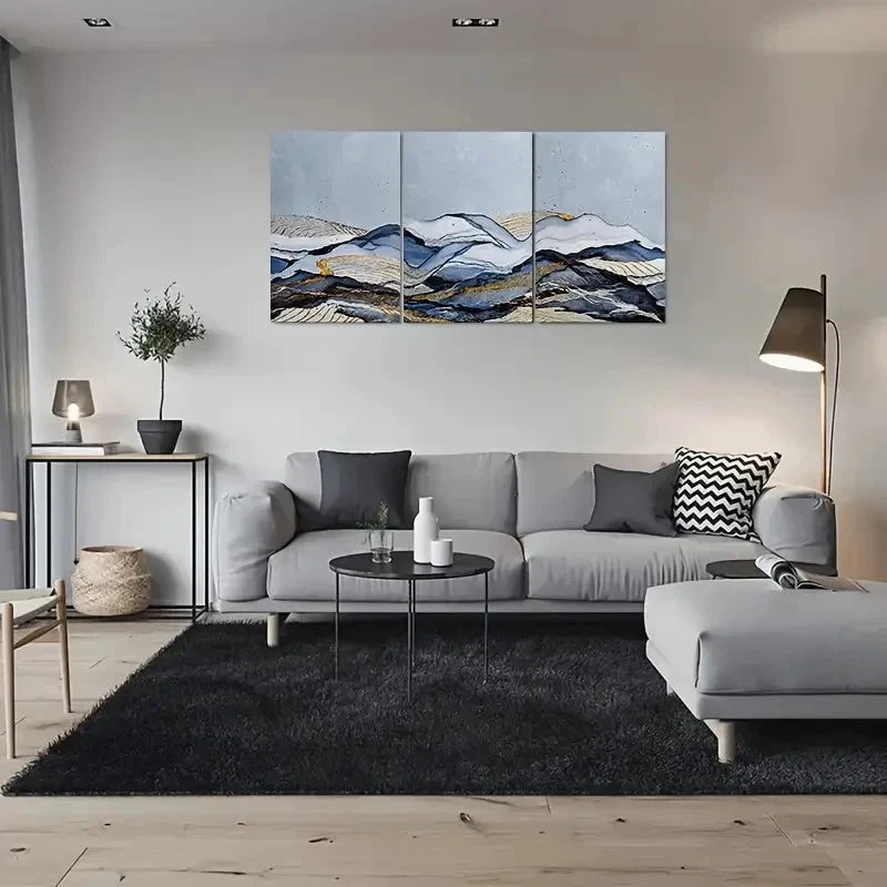 3pcs Blue and Golden Abstract Mountain Metal Print Ready to Hang Art - Bella Home Decor
