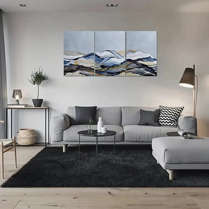 3pcs Blue and Golden Abstract Mountain Metal Print Ready to Hang Art - Bella Home Decor