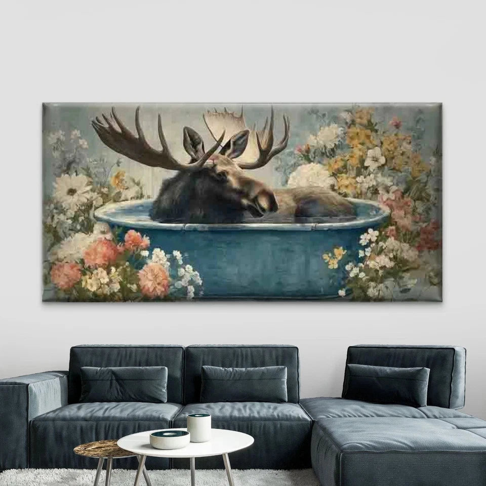 Moose in Bathtub Wall Art Canvas Office Home Room Framed 120x60cm