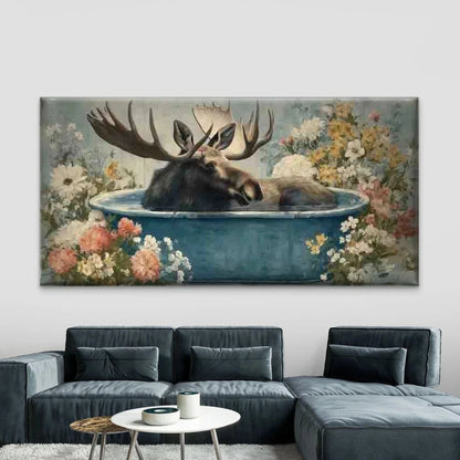 Moose in Bathtub Wall Art Canvas Office Home Room Framed 120x60cm