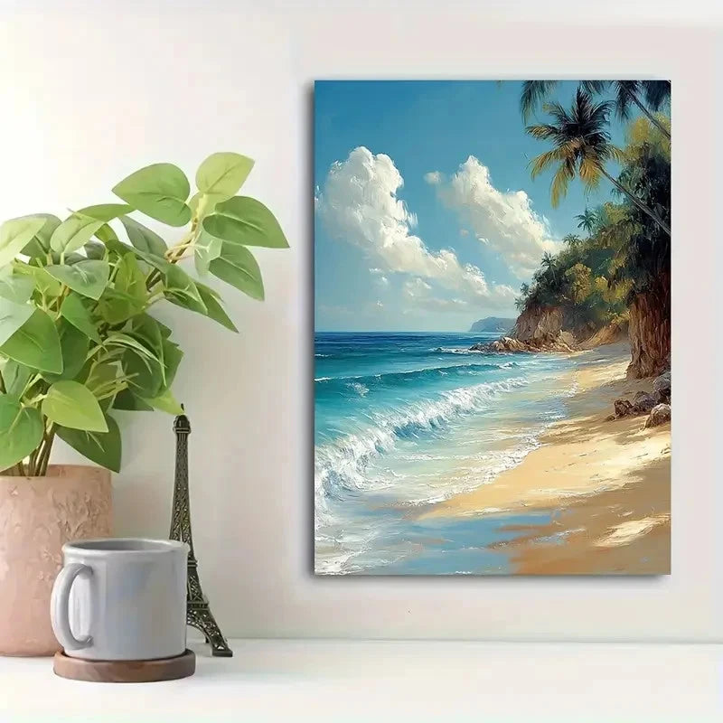 Beautiful Palm Trees & Ocean Waves Painting 40x60cm Metal Print Ready to Hang