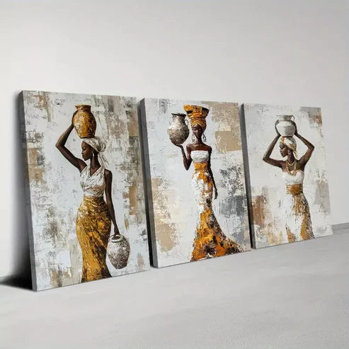 3pcs Elegant African Women with Vase Wall Art Canvas Unframed - High Quality Print 100% Australian Made Wall Canvas