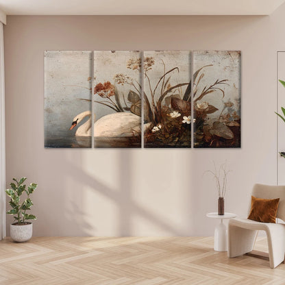 4pcs Vintage Oil Painting Swan In Lake Wall Art Canvas Framed 45x80cm - High Quality Print 100% Australian Made Wall Canvas Ready to Hang