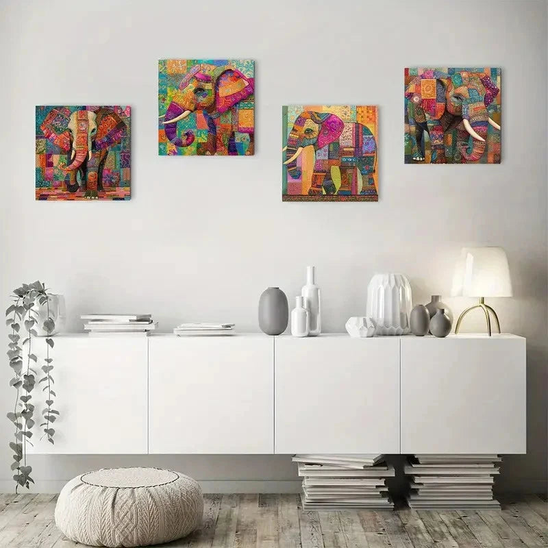 4pcs Colorful Elephant Wall Art Canvas Framed