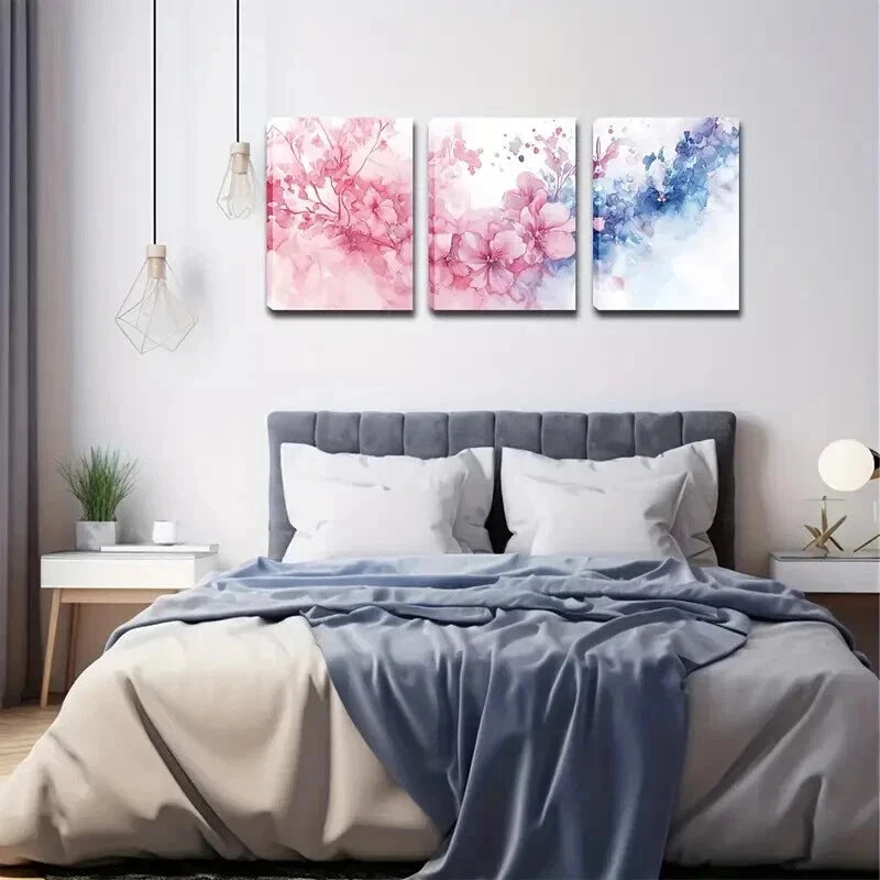 3pcs Pink Floral & Blue Watercolor Perfect Wall Art Set Canvas Framed 50x70cm - High Quality Print 100% Australian Made Wall Canvas Ready to Hang - Bella Home Decor