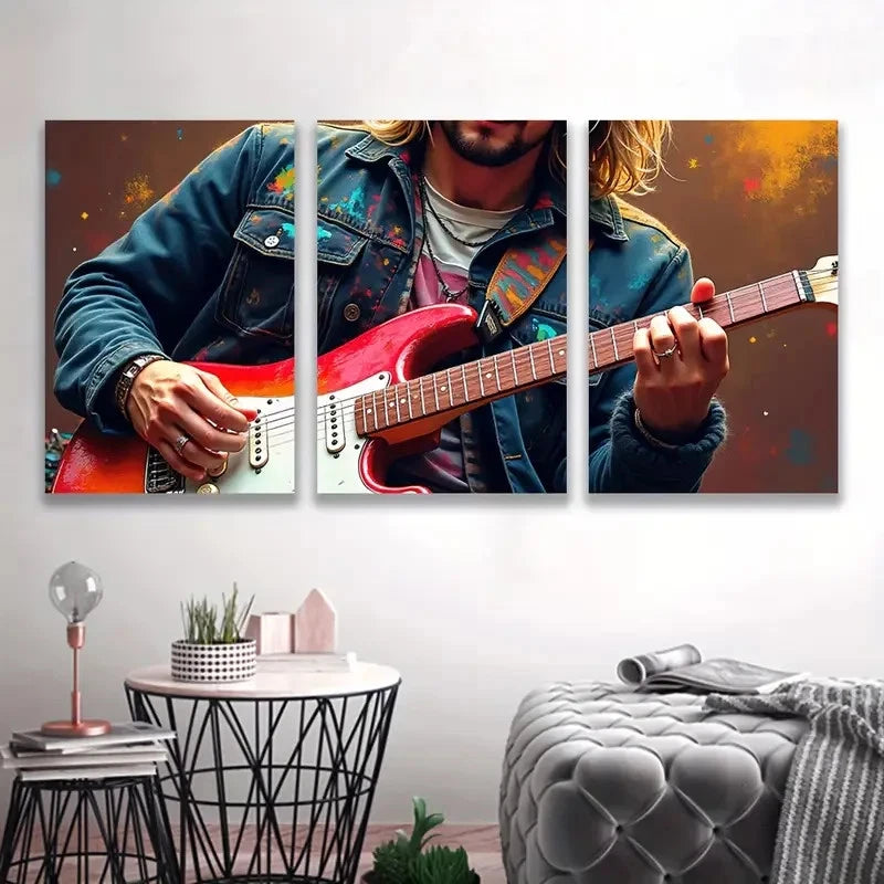 3pcs Long Hair Men Play Painting  Wall Art Set Canvas Framed 40x60cm - High Quality Print 100% Australian Made Wall Canvas Ready to Hang