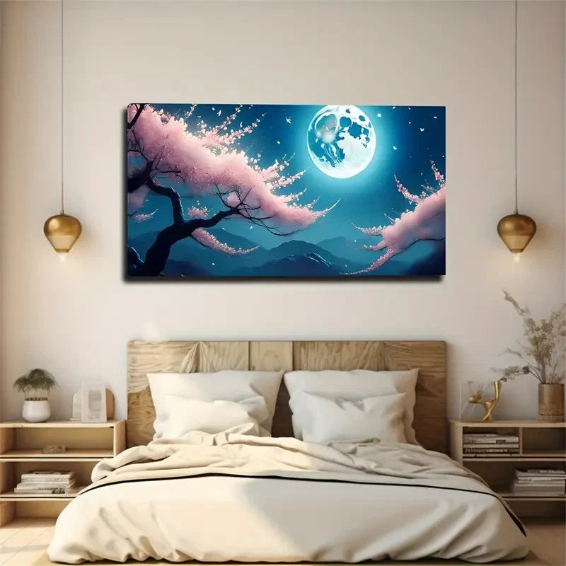 Moonlit Cherry Blossom & Moon Wall Art Canvas Office Home Room Framed 120x60cm