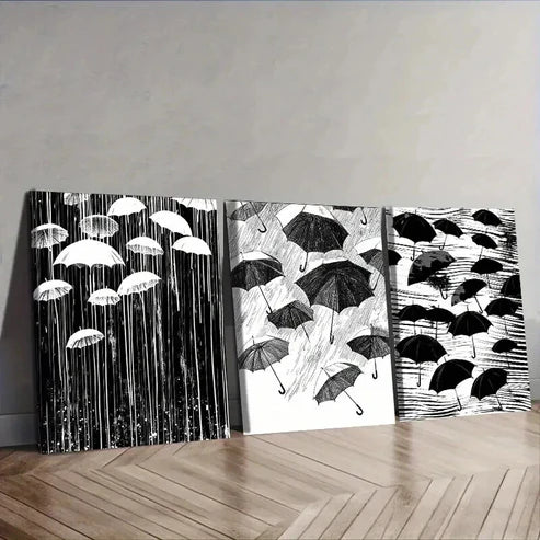3pcs Black White Umbrellas in the Wind and Rain Wall Art Canvas Unframed - High Quality Print 100% Australian Made Wall Canvas