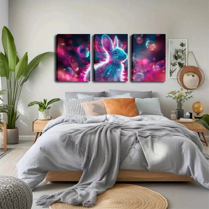 3pcs Pink Rabbit Glowing Neon Accent Perfect Wall Art Set Canvas Framed 60x90cm - High Quality Print 100% Australian Made Wall Canvas Ready to Hang - Bella Home Decor