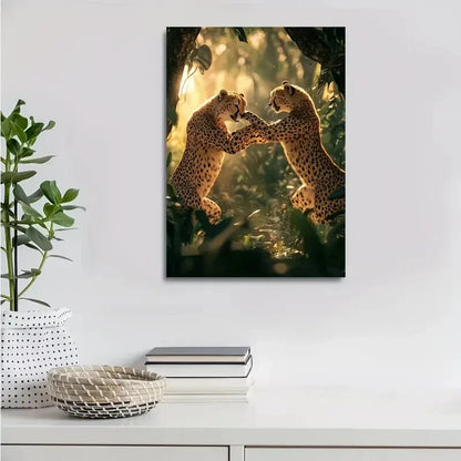 Playful Cheetah Wrestling Scene in Jungle Painting 40x60cm Metal Print Ready to Hang - Bella Home Decor