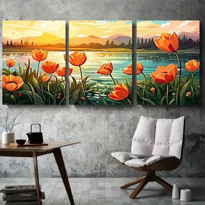 3pcs Sunrise Orange Tulip Lake Metal Print Ready to Hang Art
